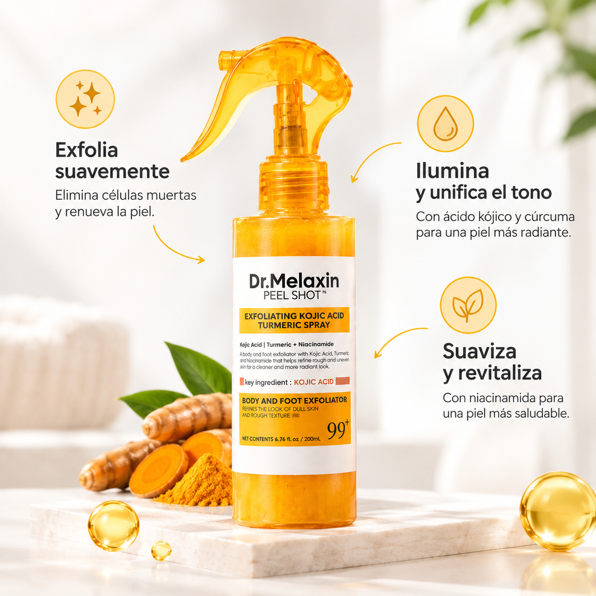 Dr. Melaxin Peel Shot Spray Ácido Kójico y Cúrcuma: Exfoliante corporal que aclara y unifica