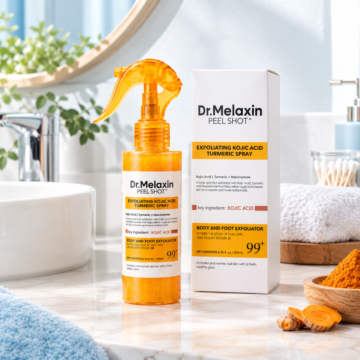 Dr. Melaxin Peel Shot Spray Ácido Kójico y Cúrcuma: Exfoliante corporal que aclara y unifica